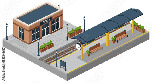 Train station vector illustration with ticket booth and platform, detailed isometric view