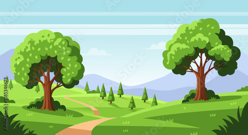 A serene landscape vector illustration showcasing two lush green trees framing a winding path through rolling hills and distant mountains under a clear blue sky