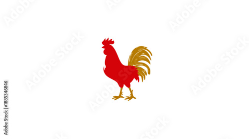 A rooster illustration, red body and comb, golden tail and legs, standing, facing left on a white background