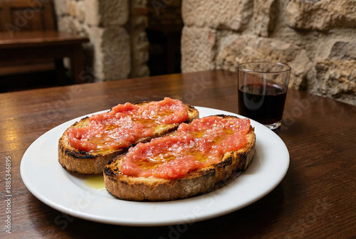 Tostas de pan artesano con tomate rallado y aceite de oliva virgen extra servidas con un vaso de vino tinto en una taberna rústica de piedra