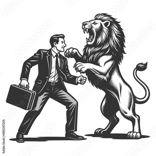 suited man squaring up to a roaring lion, symbolizing courage, challenge, or confrontation sketch engraving generative ai fictional character vector illustration. Scratch board. Black and white image.