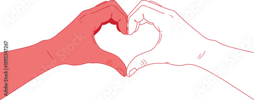 Two distinct hands one red and one white come together precisely in the center to form a universal symbol of connection and deep affection