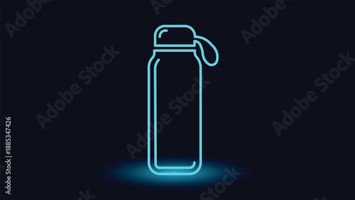 Minimal neon glowing water bottle symbol on dark background representing fitness hydration sport gym healthy lifestyle travel camping and modern app interface design