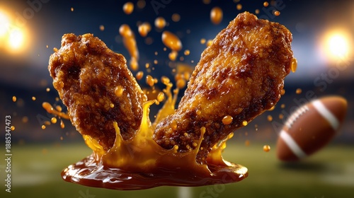 Crispy Buffalo Chicken Wings Splashing in Sauce with Football Stadium