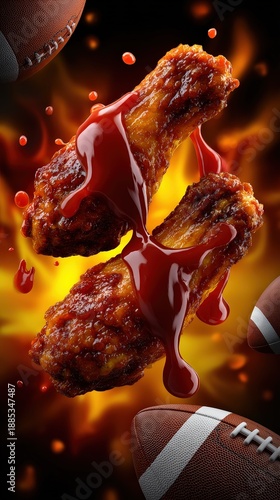 Spicy Buffalo Wings with Hot Sauce and Football Game Day Background