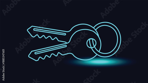 Minimal neon glowing key symbol on dark background representing security access privacy login encryption cybersecurity protection for modern technology apps websites and interfaces