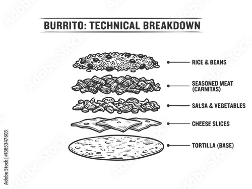 technical breakdown of a burrito, with layered ingredients including meat, cheese, salsa, and tortilla sketch engraving generative ai vector illustration. Scratch board imitation. Black and white.