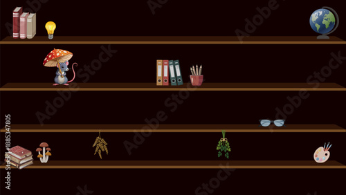 A Whimsical Literary Haven: A meticulously arranged bookshelf, adorned with carefully selected curiosities, books, and symbolic items, inviting the imagination to wander and explore. 