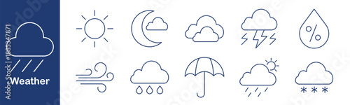 Weather set icon. Sun, moon, clouds, thunder, drop, percent, wind, rain, umbrella, snow. Forecast, temperature, storm, condition, atmosphere, symbol, nature, season, air, climate.