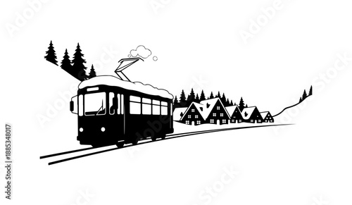 Mountain Train Journey Through Snowy Village