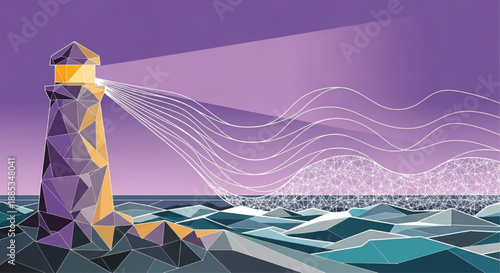 Low Poly Lighthouse and Abstract Sea Waves