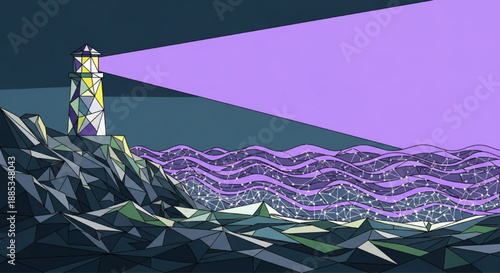 Low Poly Lighthouse and Abstract Sea Waves