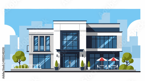 Modern Building Exterior with Cafe Tables and Umbrellas Cityscape