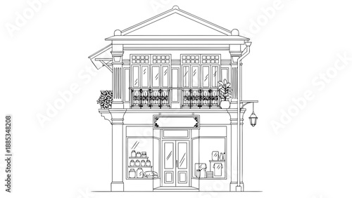 Charming Classic Storefront Building Outline Art Two Story Shop House Facade Sketch Drawing