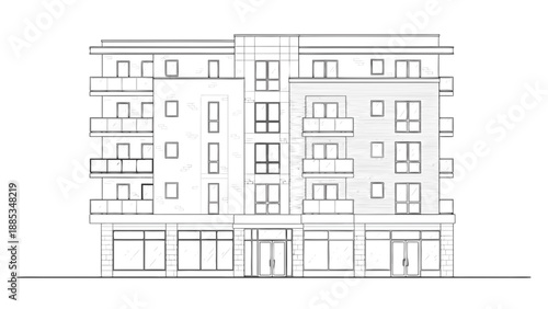 Modern Urban Mixed-Use Building Facade Line Art Drawing Residential Commercial Property Design Sketch