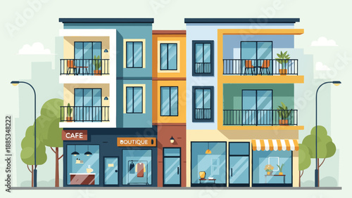 Vibrant City Block Illustration with Modern Cafe, Boutique, and Residential Apartments