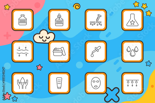 Cosmetics set icon. Bottle, brush, serum, tube, cream, pipette, droplet, skin layer, jar, absorption. Beauty, skincare, dermatology, care, hygiene.