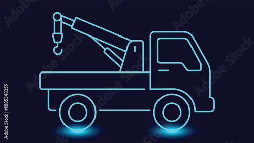 Minimal neon glowing tow truck crane symbol on dark background representing vehicle recovery roadside assistance transport service and modern app interface design