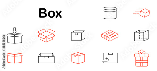 Box set icon. Open box, gift, parcel, carton, container, shipping, delivery, packaging, storage, movement, return, product, flat pack, cardboard, order, logistics, present.