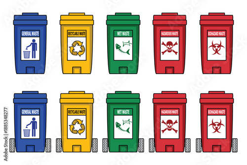 Illustration vector of waste management with separate garbage trash bin with wheels drawing in colorful