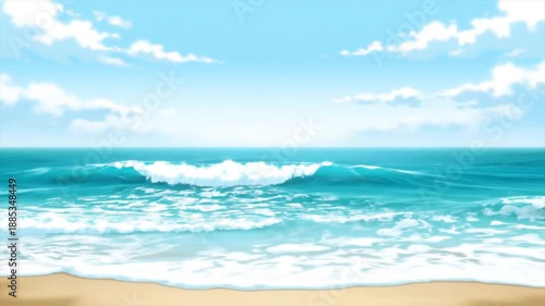 Anime style illustration of a serene beach scene with waves and clouds