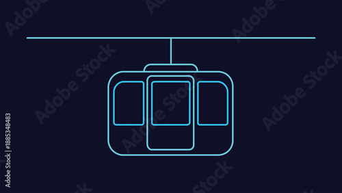Minimal neon glowing cable car gondola symbol on dark background representing urban transport tourism mountain travel mobility and modern app interface design