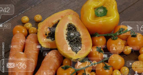 Closeup display showing papaya halves, carrots and tomatoes grouping, pepper receiving note bubbles