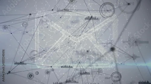 Camera shifting lighting nodes and linking lines, clusters forming envelope icon showing flow