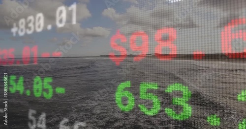 Starting with fixed ocean view, colored tickers updating, climbing, surging to show financial trend