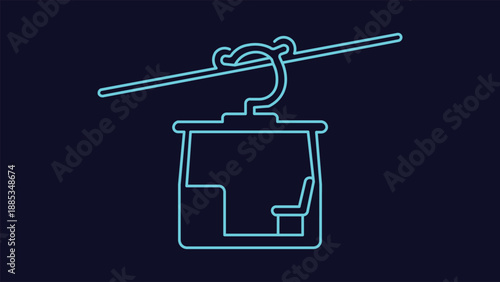 Minimal neon glowing cable car station symbol on dark background representing mountain transport tourism ropeway travel infrastructure and modern app interface design