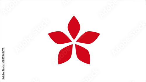 A five-petal floral design, rendered in a bold red, centered on a stark white background