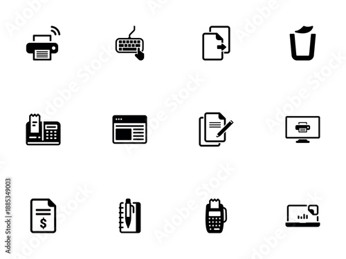 Collection of Solid Black Icons for Office Administration and Digital Workflows