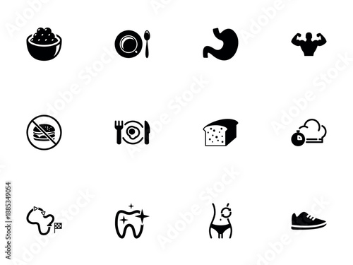 Set of Solid Black Icons Representing Healthy Diet and Fitness Concepts