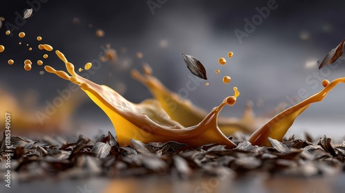 Dynamic Golden Liquid Splash Over Dried Tea Leaves Macro Photography