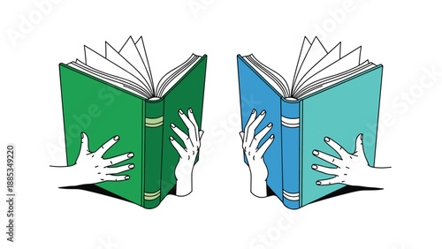 Symmetrical illustration depicts two hands holding open green and blue books as mirror images to symbolize knowledge sharing or study.