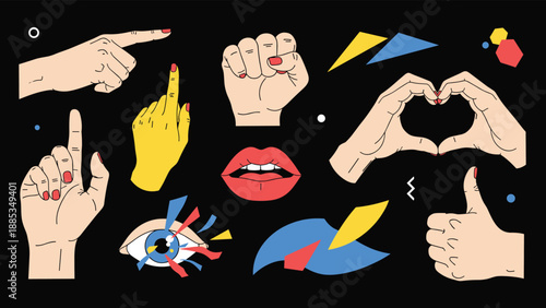Diverse collection of retro human elements like hands making gestures, lips, and eyes are scattered on a black background for a collage.