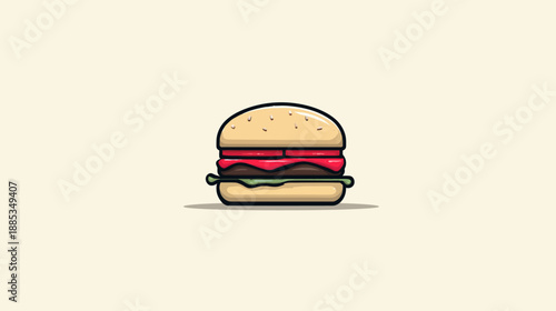 A stylized cartoon illustration of a burger featuring a bun, patty, tomato, and lettuce