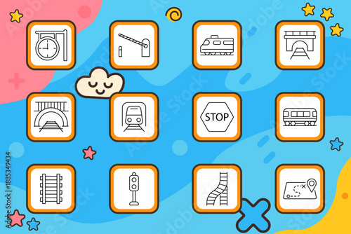 Railway set icon. Train, stop sign, bridge, tunnel, rails, station, light, route, barrier, tracks, platform, clock elements for transport, travel, transit, traffic