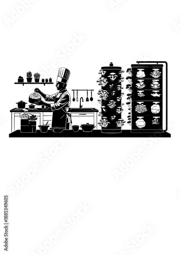 Urban Mycology Kitchen Silhouette, Chef Harvesting Mushrooms from Indoor Farm, Sustainable Gastronomy and Future Food Tech Vector