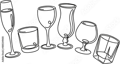 Continuous one line drawing of cocktail wine and champagne glasses