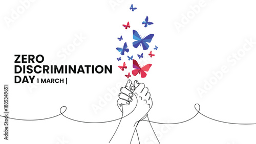 Zero Discrimination Day message features two hands joined together with a flurry of colorful butterflies ascending toward the top.