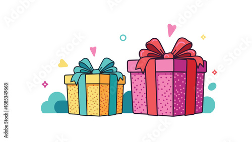 Two colorful gift boxes with decorative ribbons and heart symbols are arranged against a clean white background for a festive greeting.