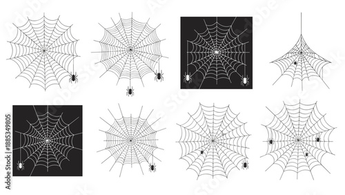 Extensive set of spider web illustrations in various shapes and sizes includes small spiders hanging from silk threads for spooky decor.