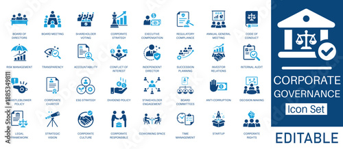 Corporate Governance and Business Strategy solid icon set. Includes symbols for Board of Directors, ESG Strategy, Risk Management, and Compliance. Solid vector icons for management.