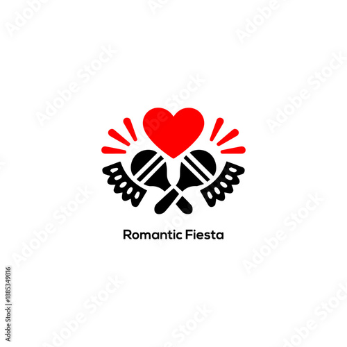 Minimalist Romantic Fiesta logo featuring black maracas and a red heart for Mexican style celebrations, Valentine events, and music.
