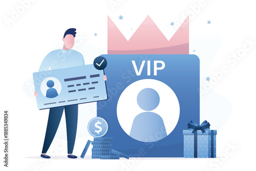 Male character uses premium bank card to receive privileged services. Wealthy client membership in VIP luxury club, star lifestyle. VIP account with crown, bonuses and money.