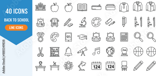 Large Set of 40 Back to School Line Icons Featuring Education Supplies Student Equipment Stationery School Bus Classroom Tools University Learning Materials and Academic Symbols