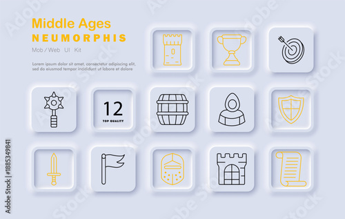 Middle Ages set icon. Line icons include castle, knight, sword, scroll, flag, helmet, barrel, trophy, shield, hood, mace, armor, and archery target with arrow.
