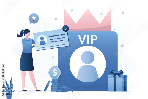 Female character uses premium bank card to receive privileged services. Wealthy woman client membership in VIP luxury club, star lifestyle. VIP account with crown,