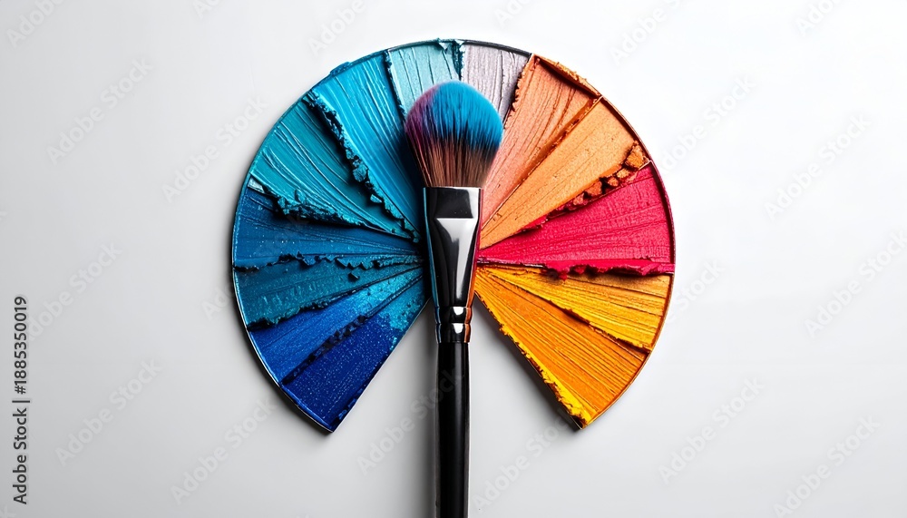 Obraz premium Circular color palette with brush, vivid pigment hues on white surface